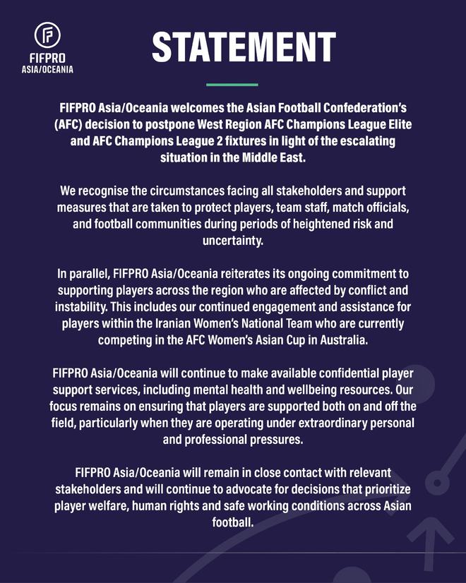 FIFPRO：鉴于中东局势持续升温，支持亚冠联赛推迟决定